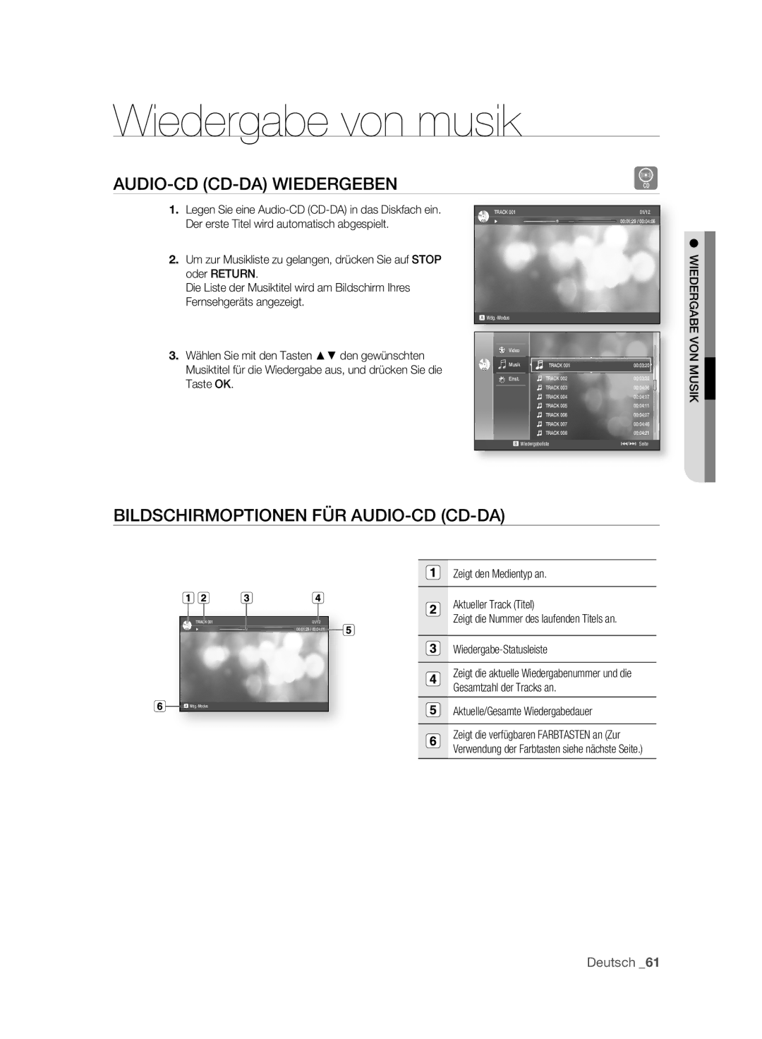 Samsung BD-P2500/XEF, BD-P2500/EDC Wiedergabe von musik, AUDIO-CD CD-DA Wiedergeben, Bildschirmoptionen FÜR AUDIO-CD CD-DA 