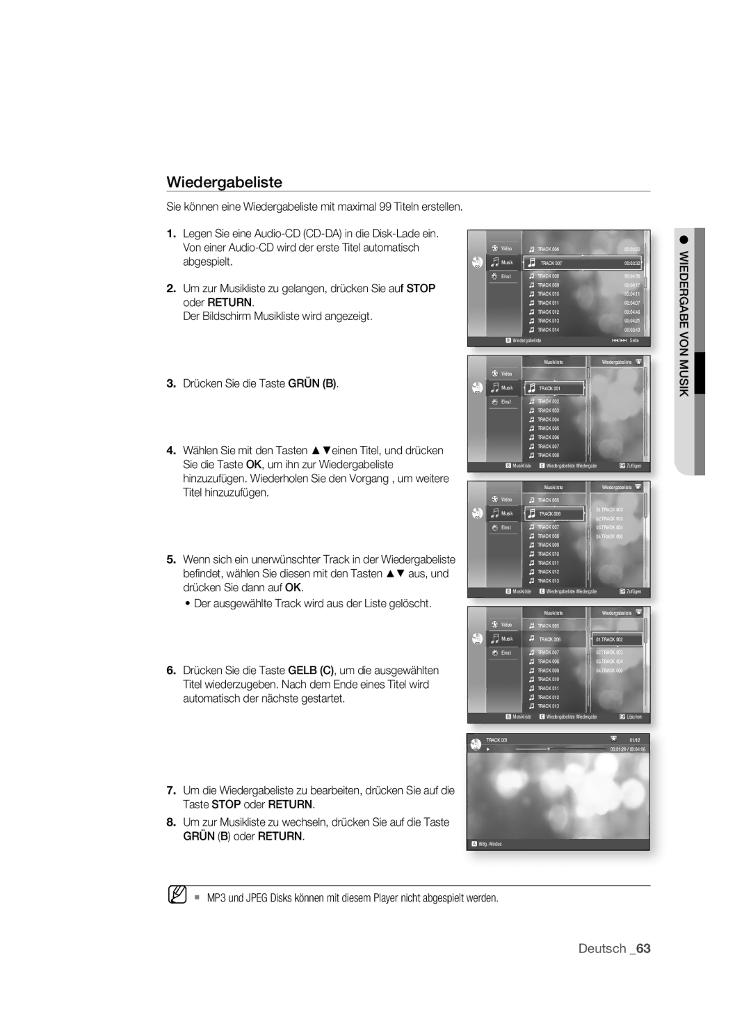 Samsung BD-P2500/XEF, BD-P2500/EDC manual Wiedergabeliste, Der ausgewählte Track wird aus der Liste gelöscht 