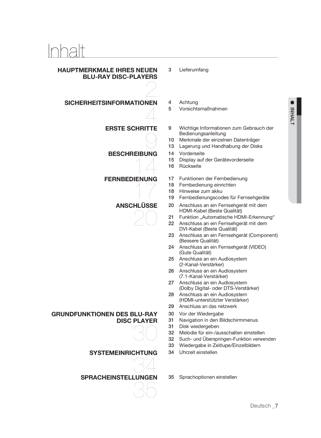 Samsung BD-P2500/XEF, BD-P2500/EDC manual Inhalt, Lieferumfang, Achtung 