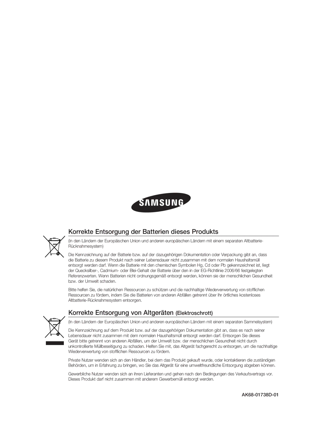 Samsung BD-P2500/EDC Korrekte Entsorgung der Batterien dieses Produkts, Korrekte Entsorgung von Altgeräten Elektroschrott 