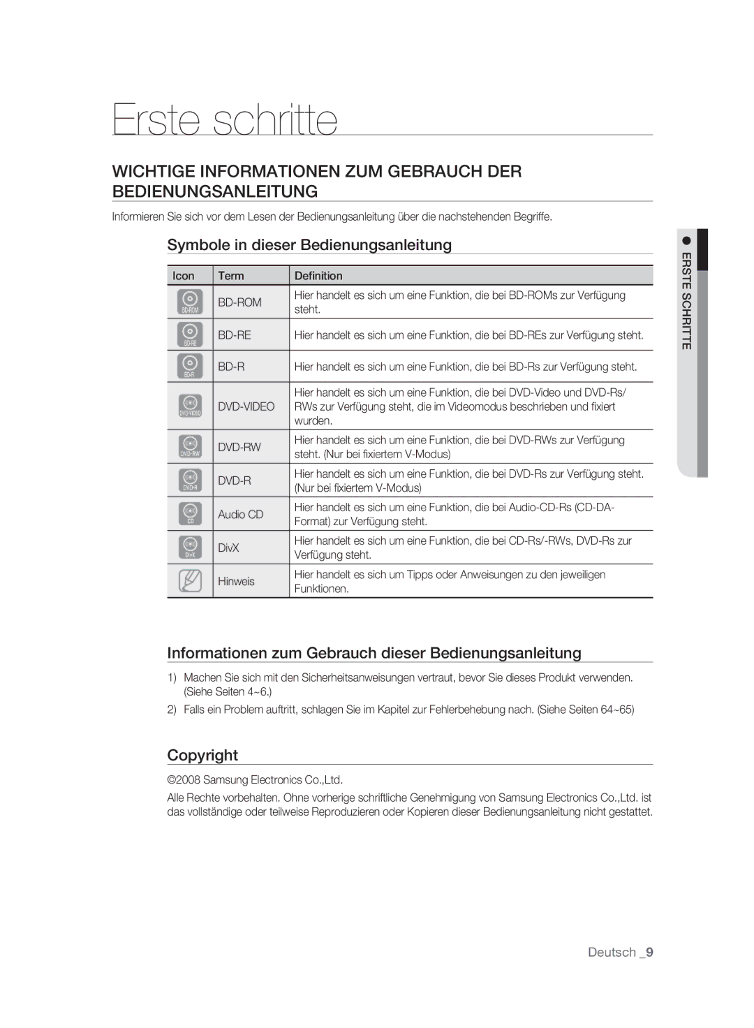 Samsung BD-P2500/XEF, BD-P2500/EDC Erste schritte, Wichtige Informationen ZUM Gebrauch DER Bedienungsanleitung, Copyright 