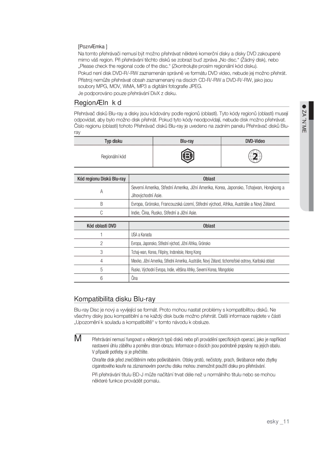 Samsung BD-P2500/EDC manual Regionální kód, Kompatibilita disku Blu-ray 