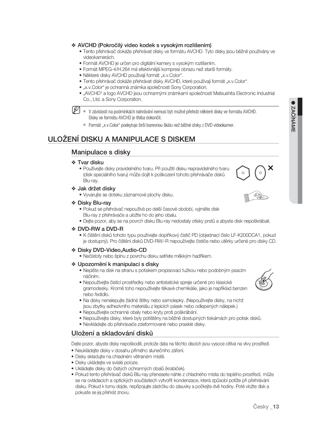 Samsung BD-P2500/EDC manual Uložení Disku a Manipulace S Diskem, Manipulace s disky, Uložení a skladování disků 