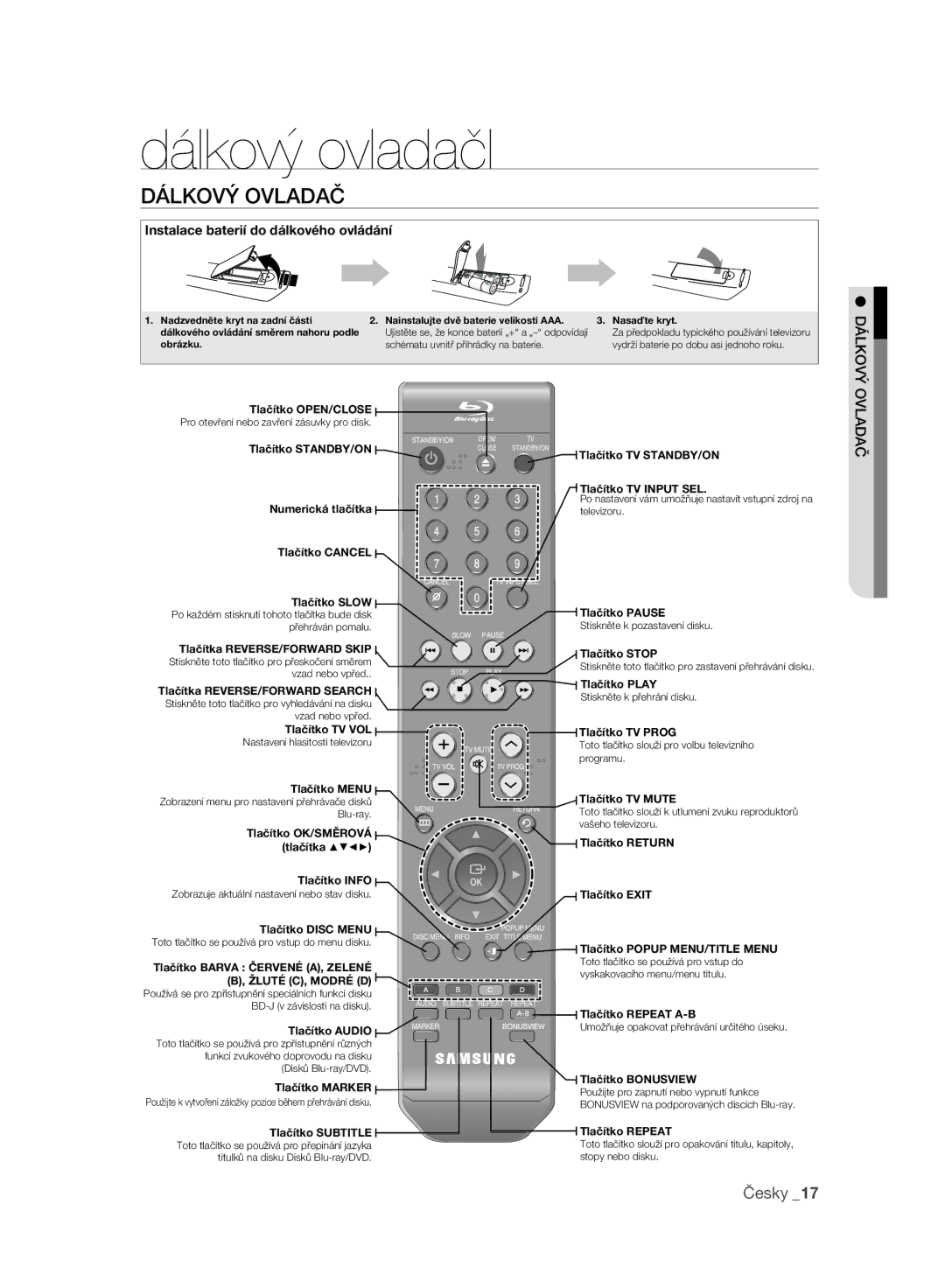 Samsung BD-P2500/EDC manual Dálkový ovladačl, Dálkový Ovladač 