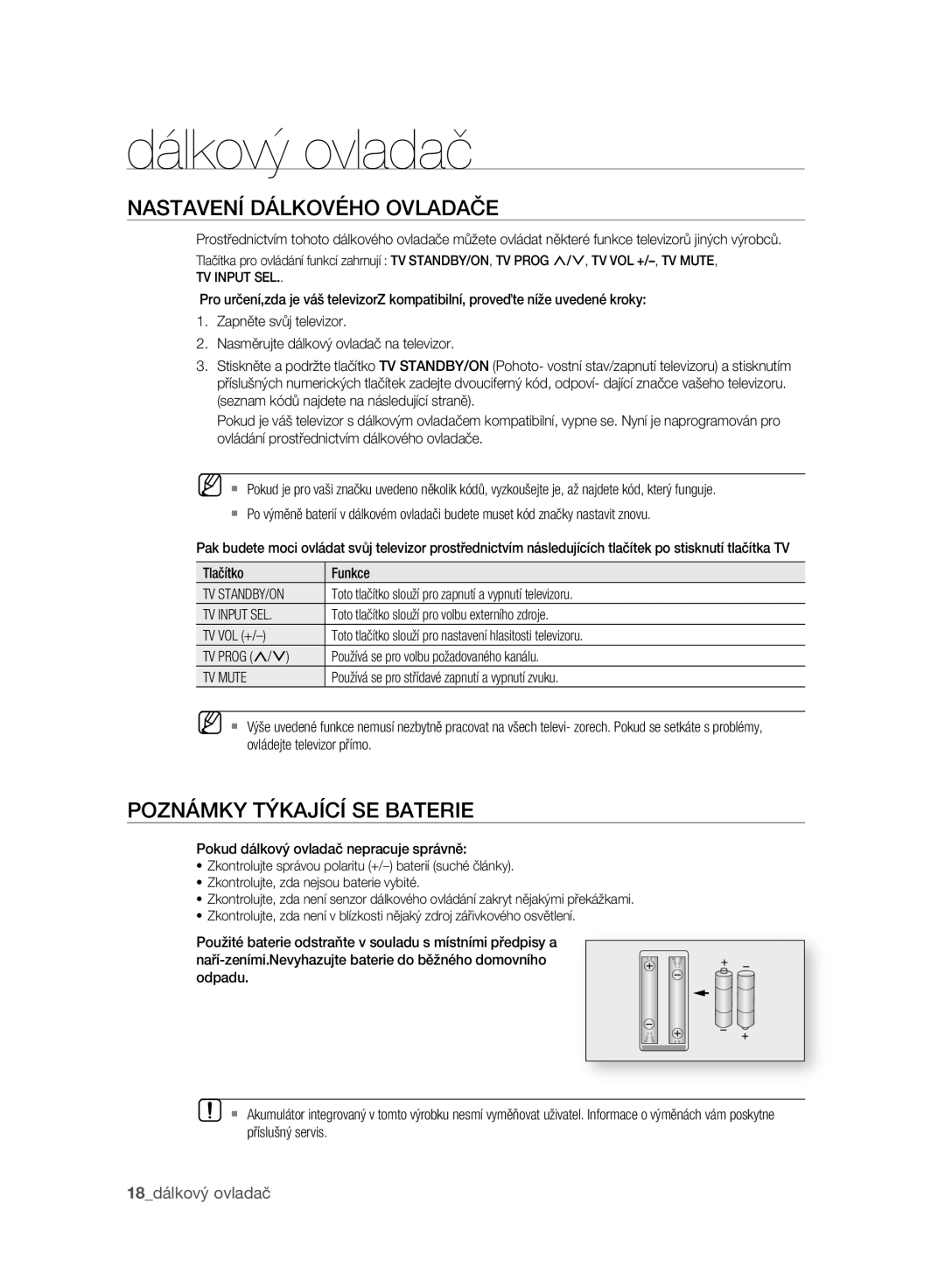 Samsung BD-P2500/EDC manual Dálkový ovladač, Nastavení Dálkového Ovladače, Poznámky Týkající SE Baterie, 18dálkový ovladač 