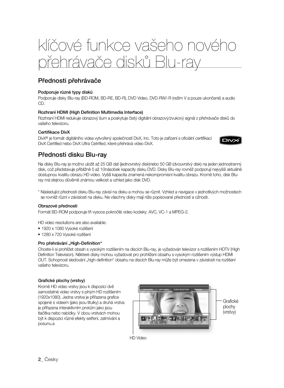 Samsung BD-P2500/EDC manual Česky, Grafické plochy vrstvy HD Video 