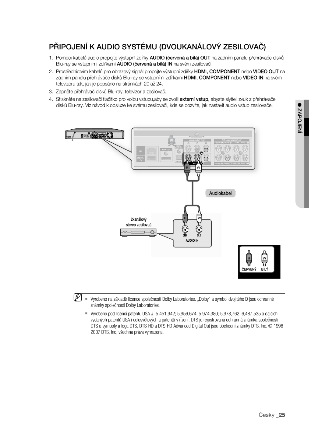 Samsung BD-P2500/EDC manual Připojení K Audio Systému Dvoukanálový Zesilovač 