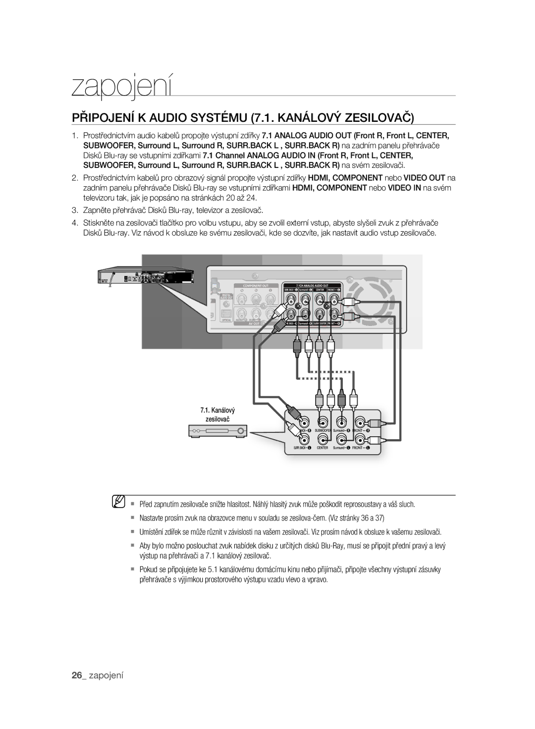 Samsung BD-P2500/EDC manual Připojení K Audio Systému 7.1. Kanálový Zesilovač 