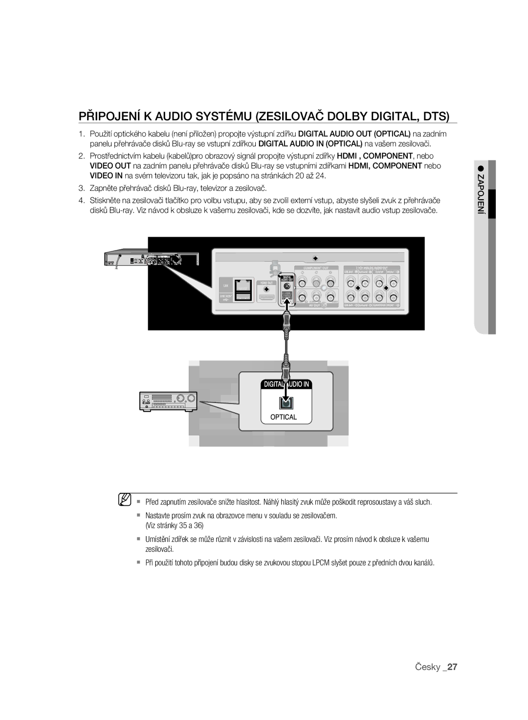 Samsung BD-P2500/EDC manual Připojení K Audio Systému Zesilovač Dolby DIGITAL, DTS 