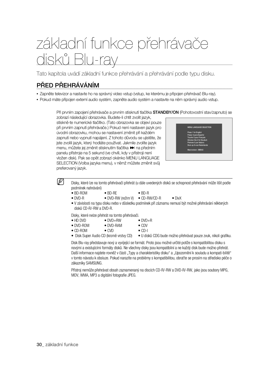 Samsung BD-P2500/EDC manual Základní funkce přehrávače disků Blu-ray, Před Přehráváním, 30 základní funkce, Cd-Rw/Cd-R 