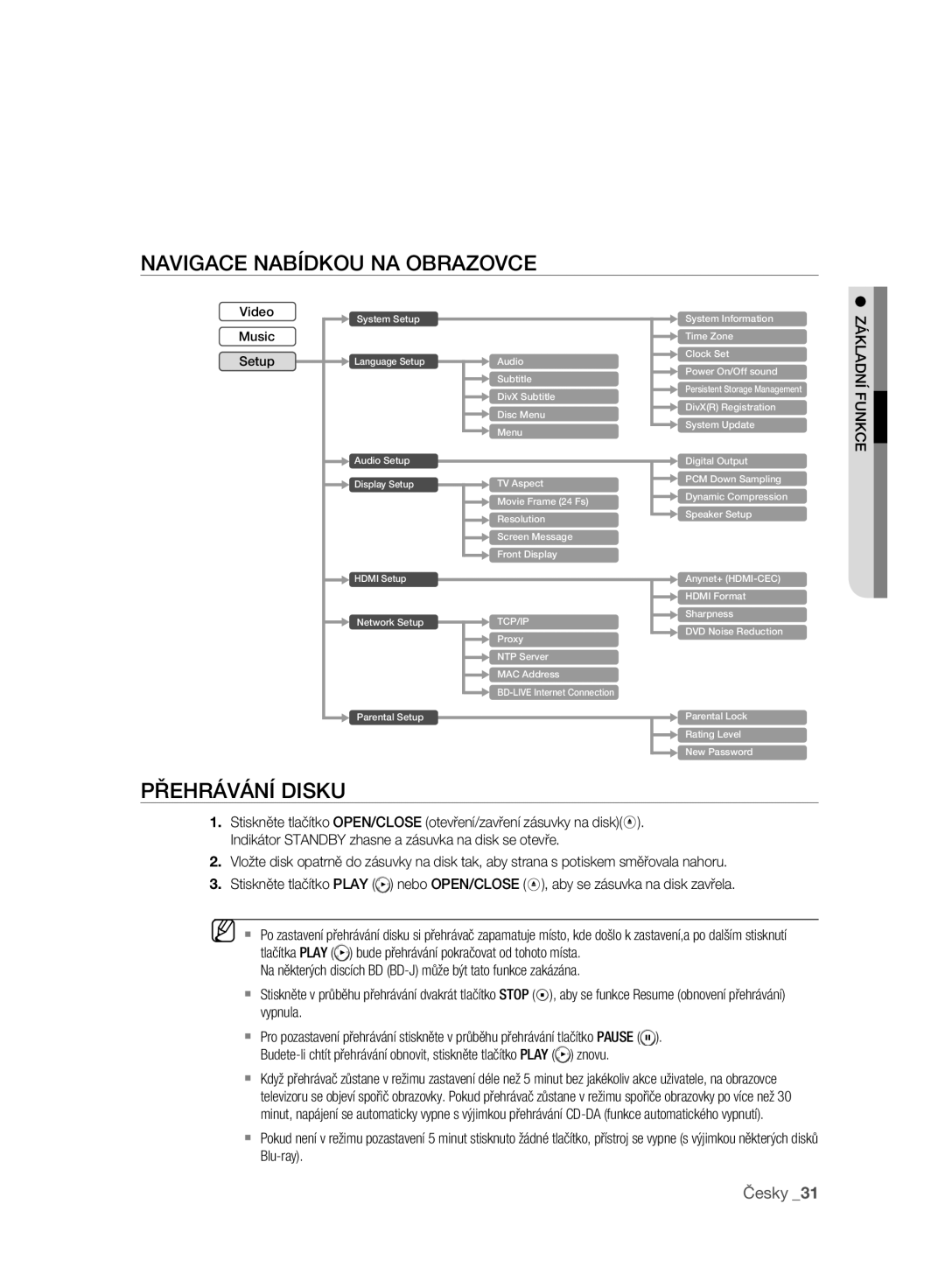 Samsung BD-P2500/EDC manual Navigace Nabídkou NA Obrazovce, Přehrávání Disku, Základní Funkce 