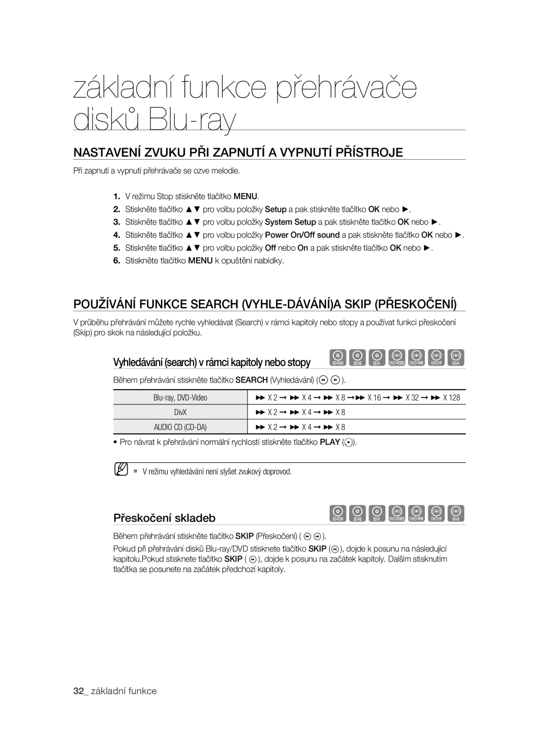 Samsung BD-P2500/EDC manual Nastavení Zvuku PŘI Zapnutí a Vypnutí Přístroje, Přeskočení skladeb, 32 základní funkce 