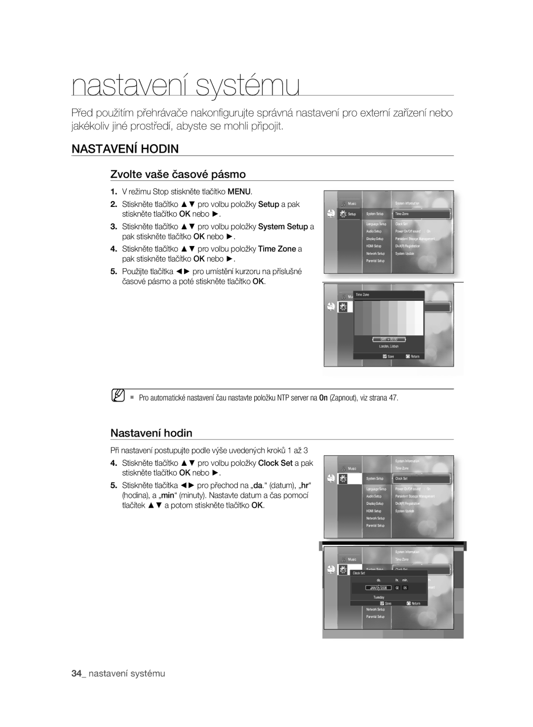 Samsung BD-P2500/EDC manual Nastavení systému, Nastavení Hodin, Zvolte vaše časové pásmo, Nastavení hodin 