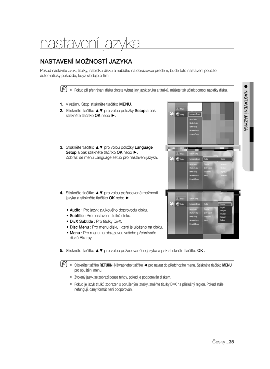 Samsung BD-P2500/EDC manual Nastavení jazyka, Nastavení Možností Jazyka, Stiskněte tlačítko pro volbu požadované možnosti 