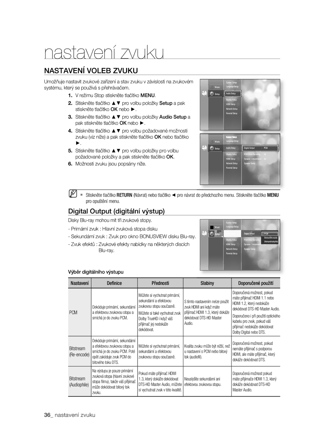 Samsung BD-P2500/EDC manual Nastavení zvuku, Nastavení Voleb Zvuku, Digital Output digitální výstup, Pcm 