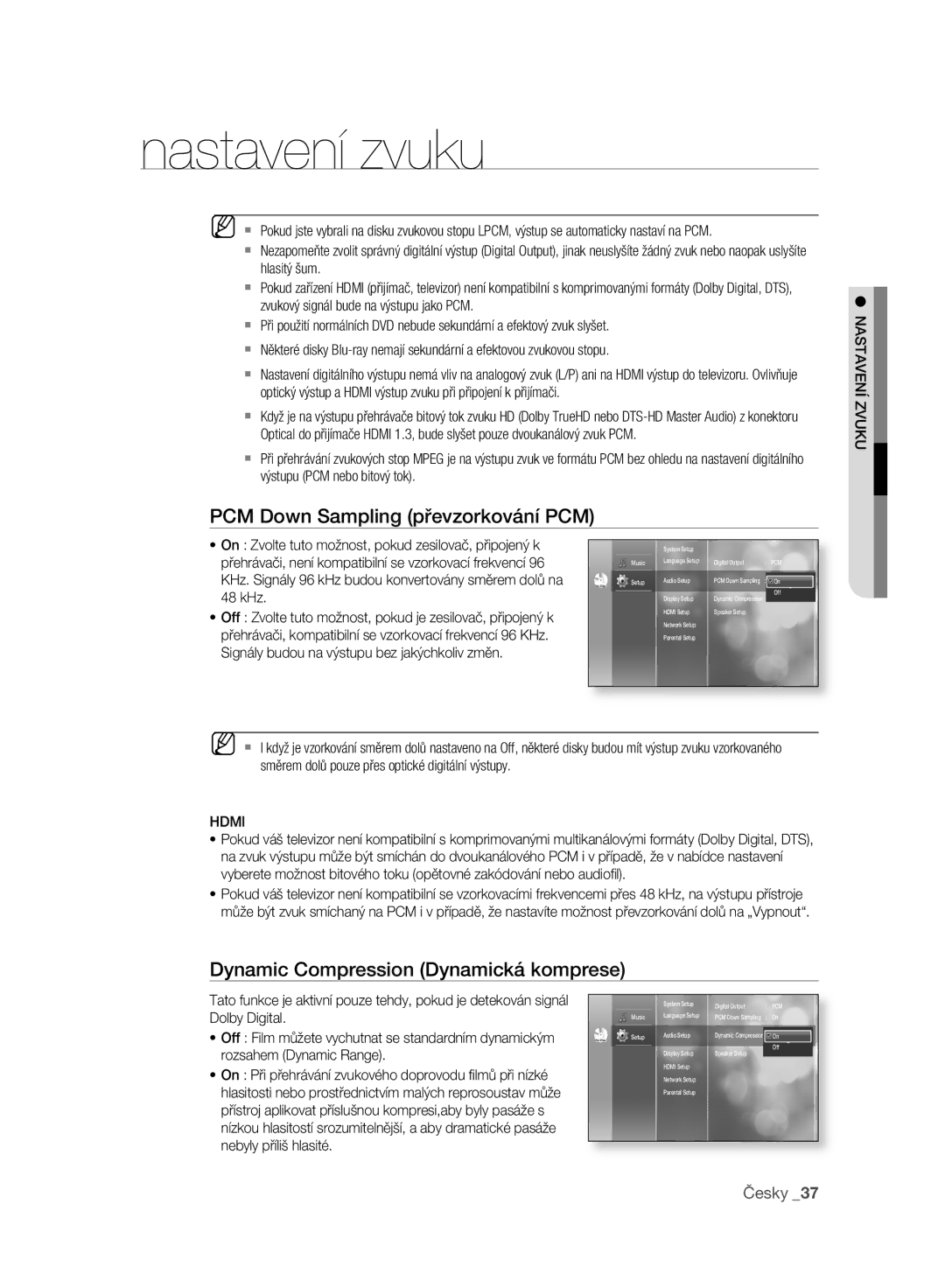 Samsung BD-P2500/EDC PCM Down Sampling převzorkování PCM, Dynamic Compression Dynamická komprese, Hdmi, Nastavení Zvuku 