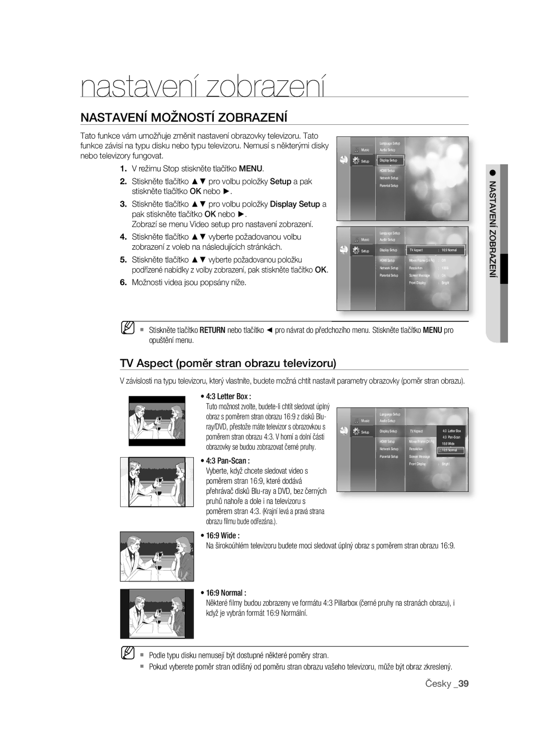 Samsung BD-P2500/EDC manual Nastavení zobrazení, Nastavení Možností Zobrazení, TV Aspect poměr stran obrazu televizoru 