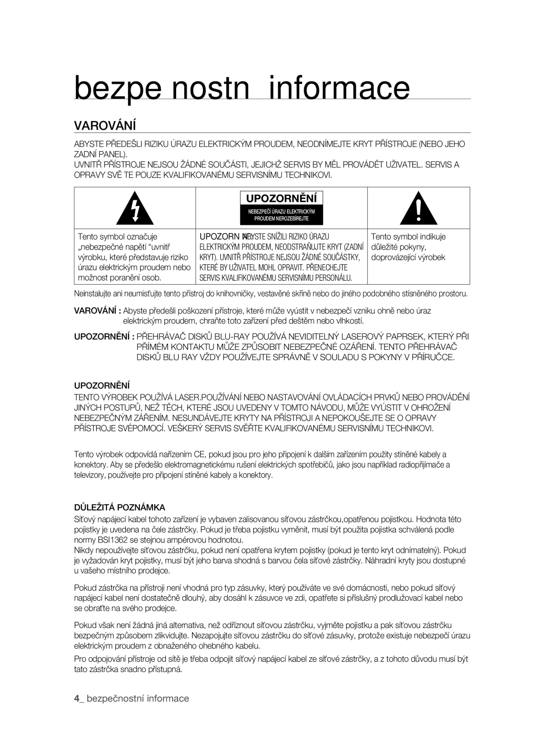 Samsung BD-P2500/EDC manual Bezpečnostní informace, Varování, Upozornění, Důležitá Poznámka 