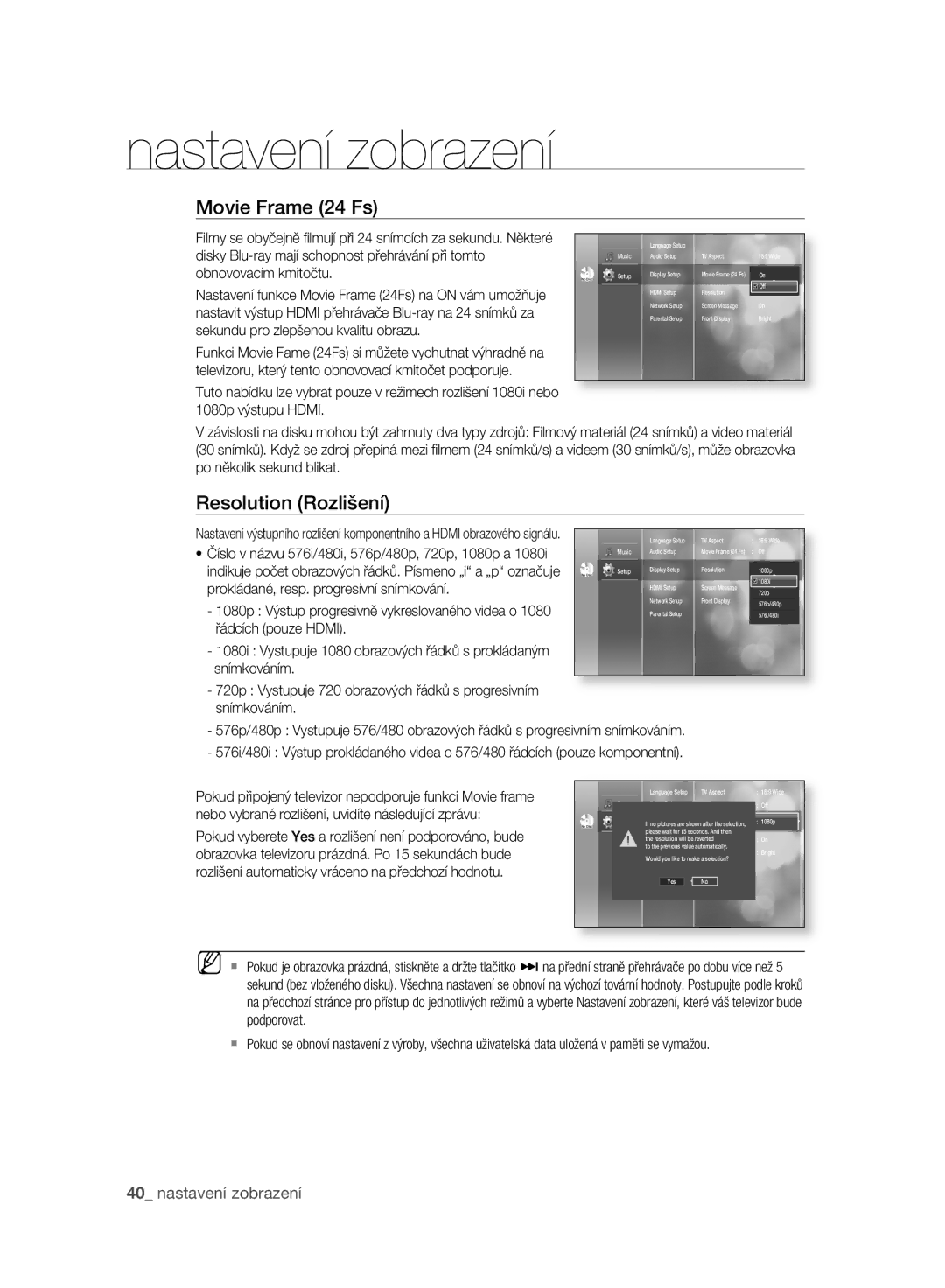 Samsung BD-P2500/EDC manual Resolution Rozlišení, Nastavení zobrazení 