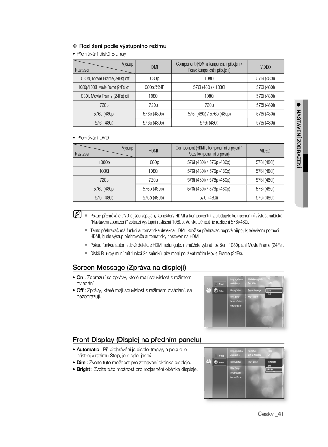 Samsung BD-P2500/EDC manual Screen Message Zpráva na displeji, Front Display Displej na předním panelu, Video 