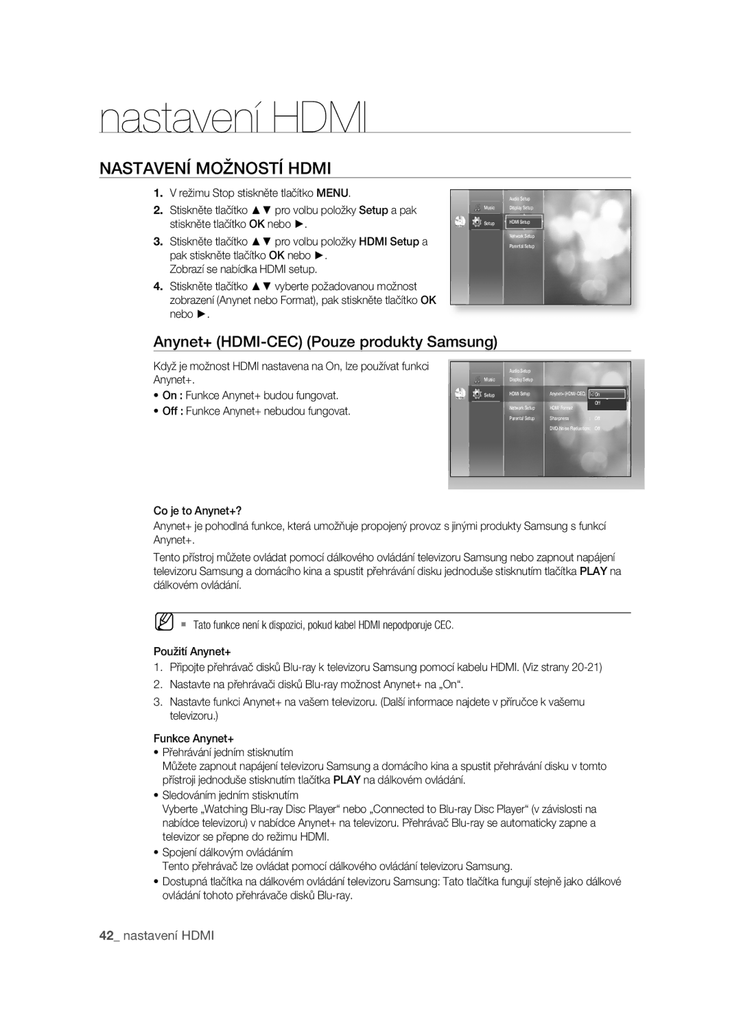 Samsung BD-P2500/EDC manual Nastavení Hdmi, Nastavení Možností Hdmi, Anynet+ HDMI-CEC Pouze produkty Samsung 