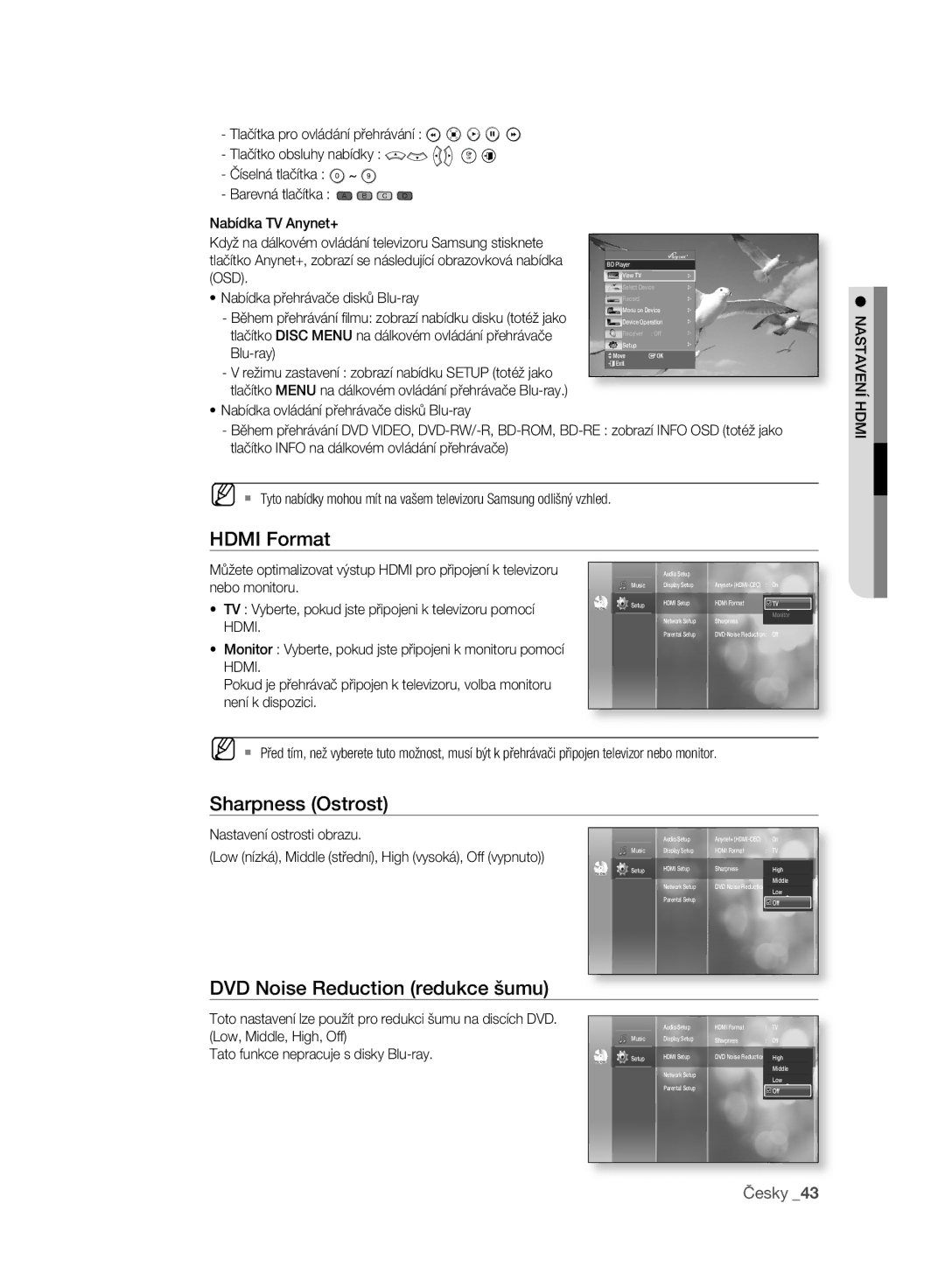 Samsung BD-P2500/EDC manual Hdmi Format, Sharpness Ostrost, DVD Noise Reduction redukce šumu 