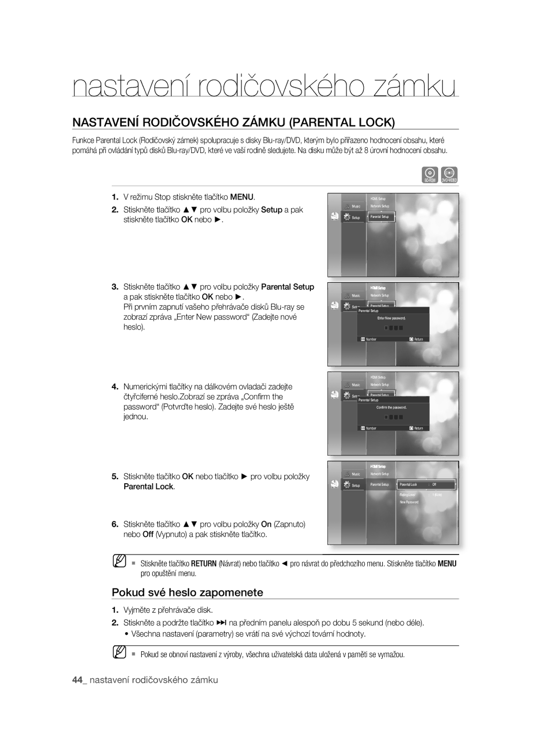 Samsung BD-P2500/EDC Nastavení rodičovského zámku, Nastavení Rodičovského Zámku Parental Lock, Pokud své heslo zapomenete 