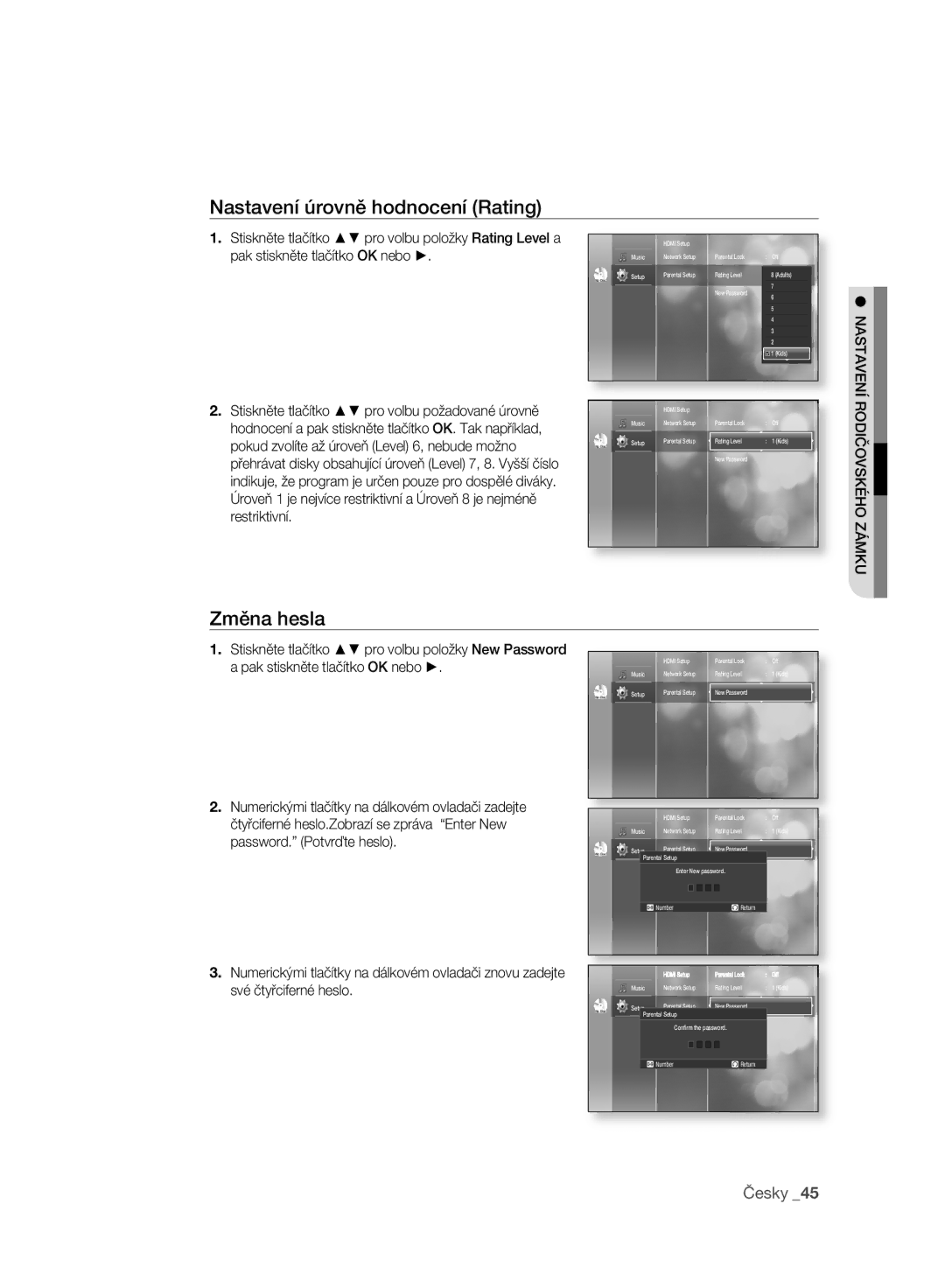 Samsung BD-P2500/EDC manual Nastavení úrovně hodnocení Rating, Změna hesla, Nastavení Rodičovského Zámku 