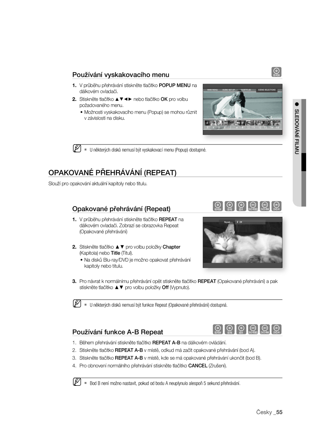 Samsung BD-P2500/EDC manual Opakované Přehrávání Repeat, Používání vyskakovacího menu, Opakované přehrávání Repeat 