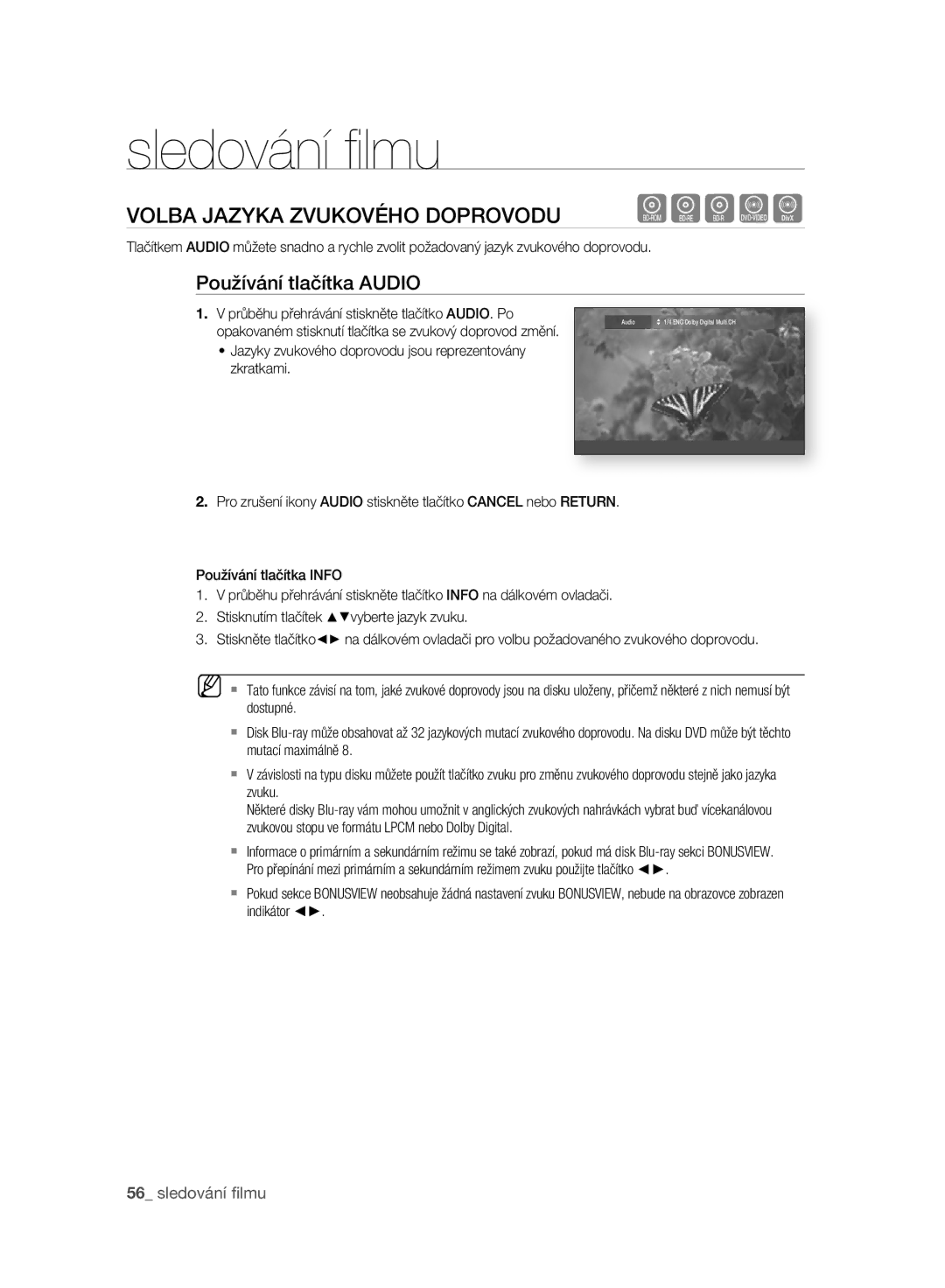 Samsung BD-P2500/EDC manual Volba Jazyka Zvukového Doprovodu, Používání tlačítka Audio 