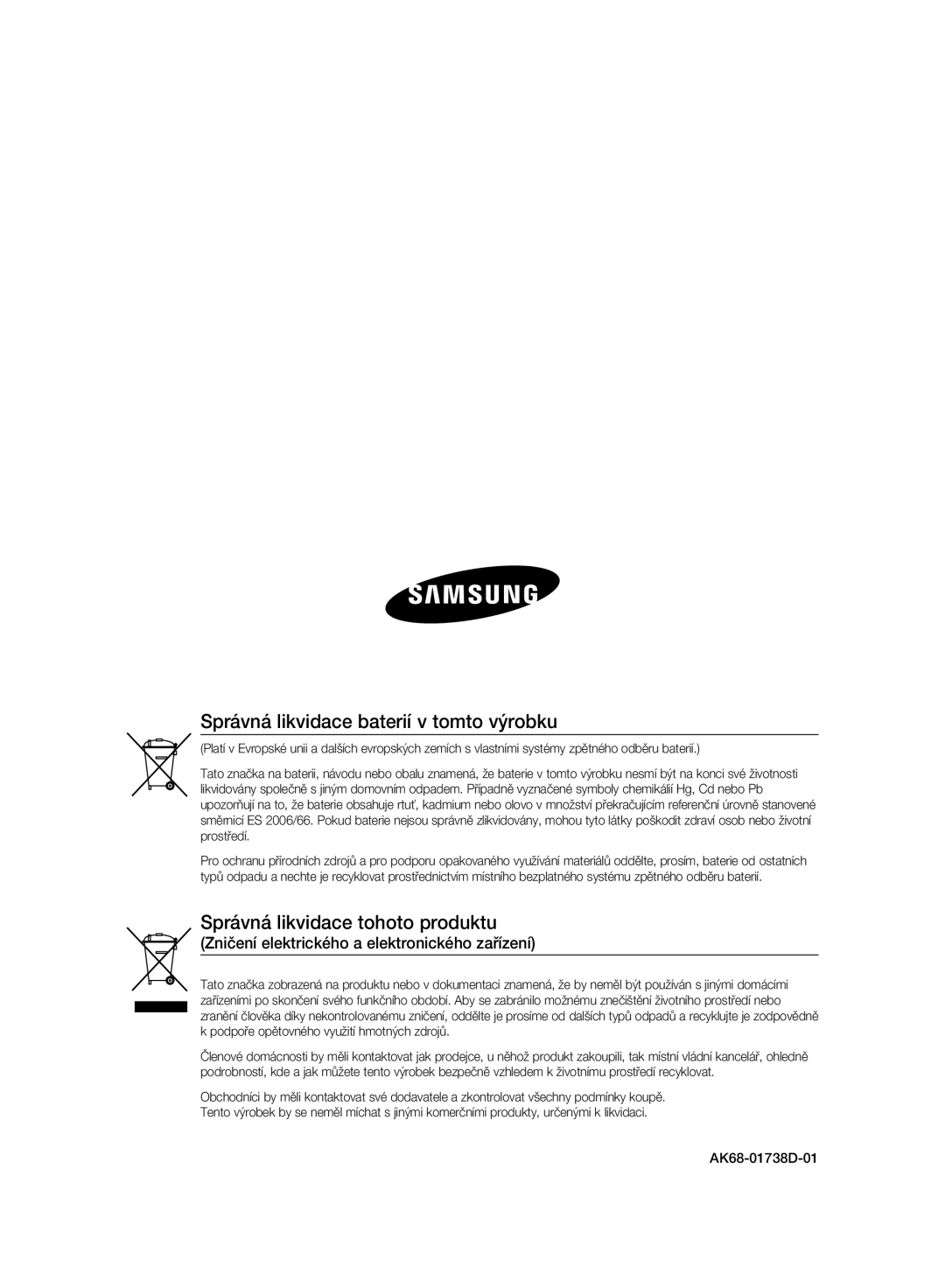 Samsung BD-P2500/EDC manual Správná likvidace baterií v tomto výrobku, Správná likvidace tohoto produktu 