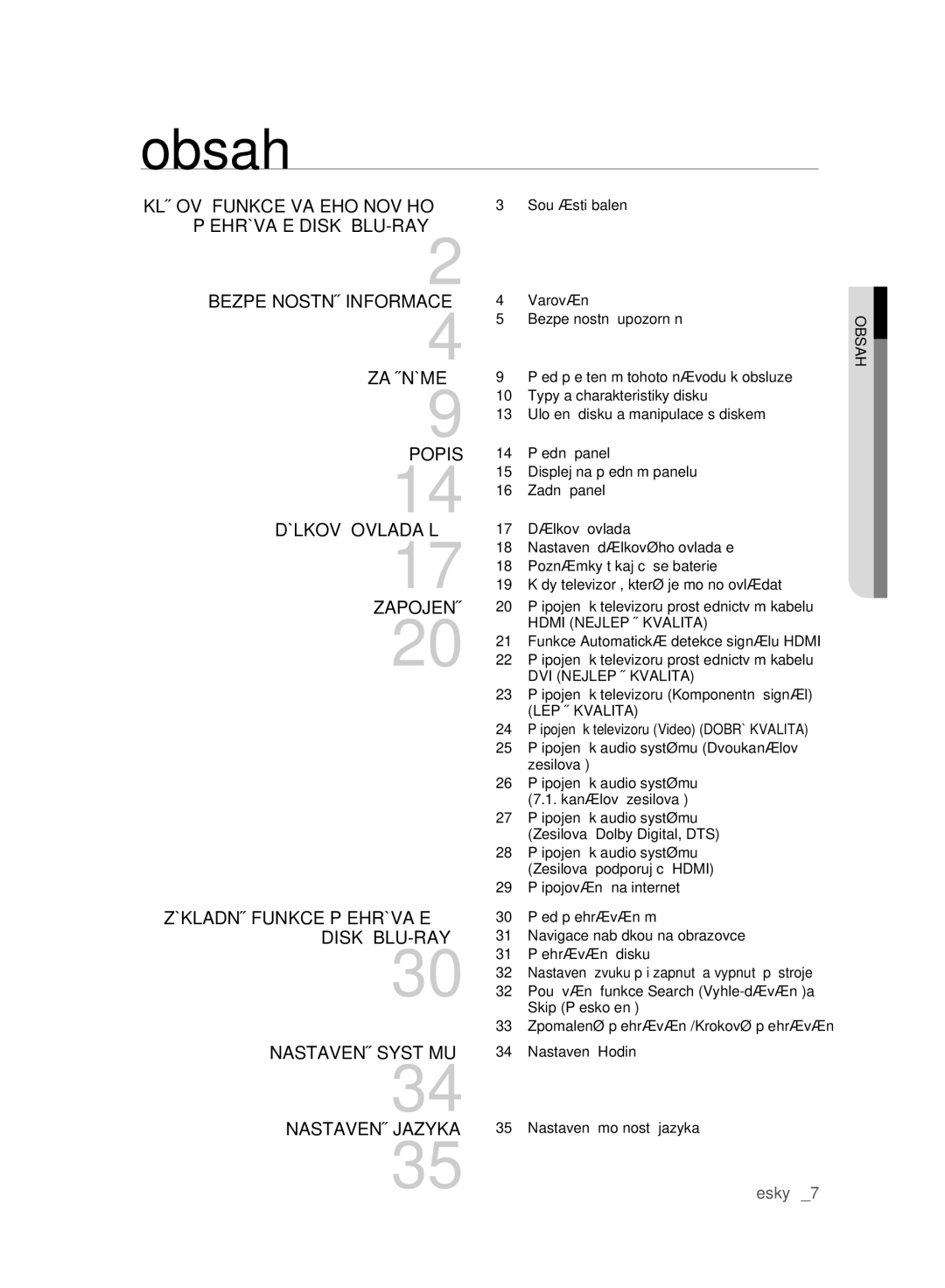 Samsung BD-P2500/EDC manual Obsah, Hdmi Nejlepší Kvalita, DVI Nejlepší Kvalita, Lepší Kvalita 