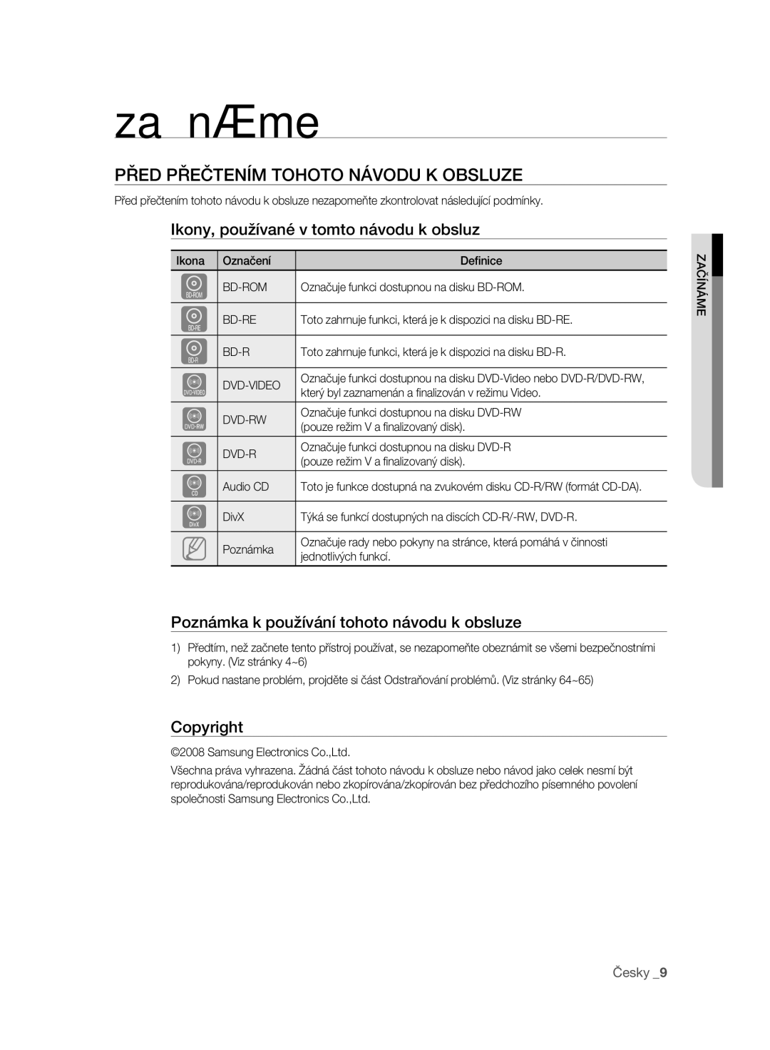 Samsung BD-P2500/EDC Začínáme, Před Přečtením Tohoto Návodu K Obsluze, Ikony, používané v tomto návodu k obsluz, Copyright 