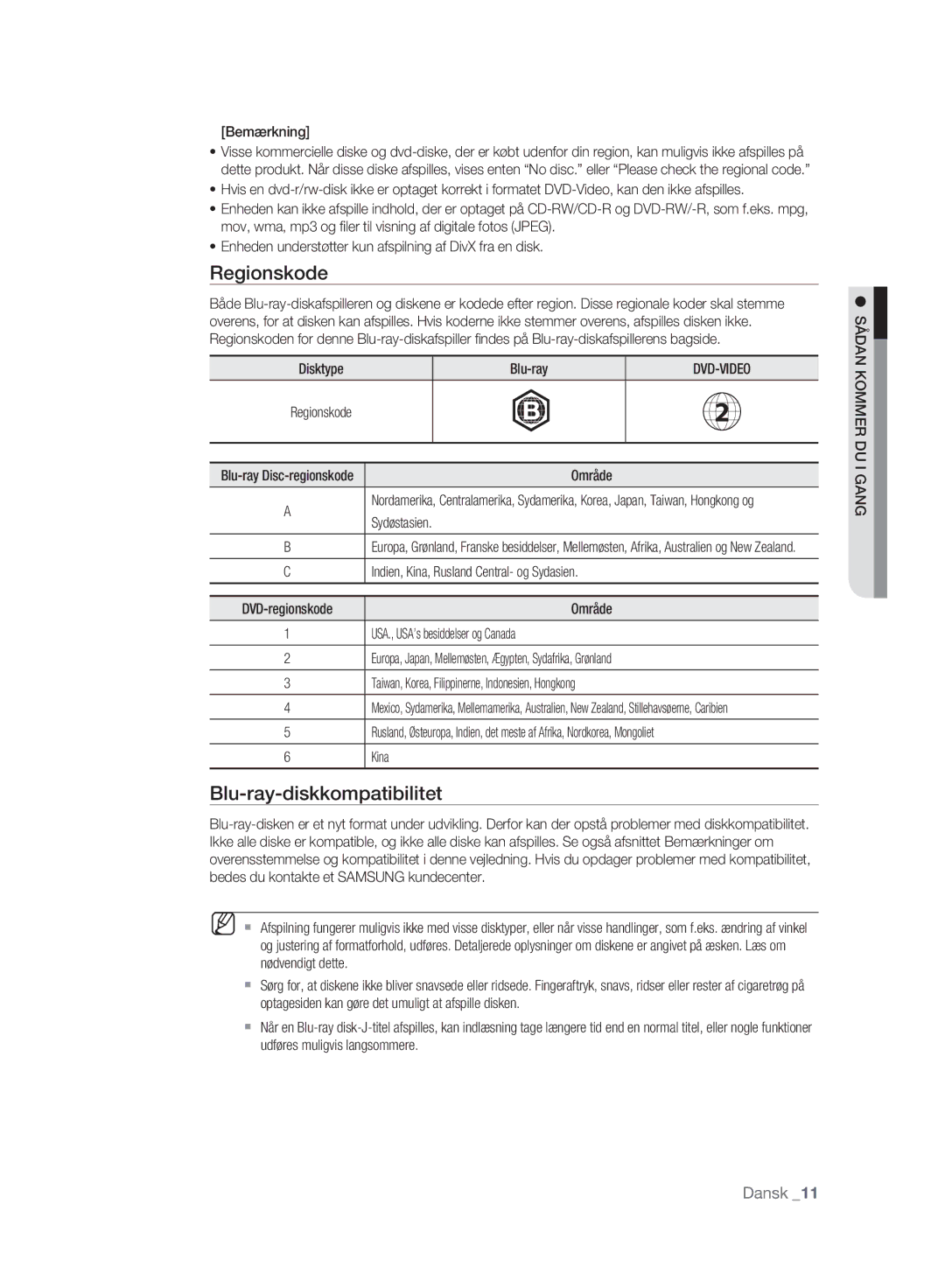 Samsung BD-P2500/XEE manual Regionskode, Blu-ray-diskkompatibilitet 