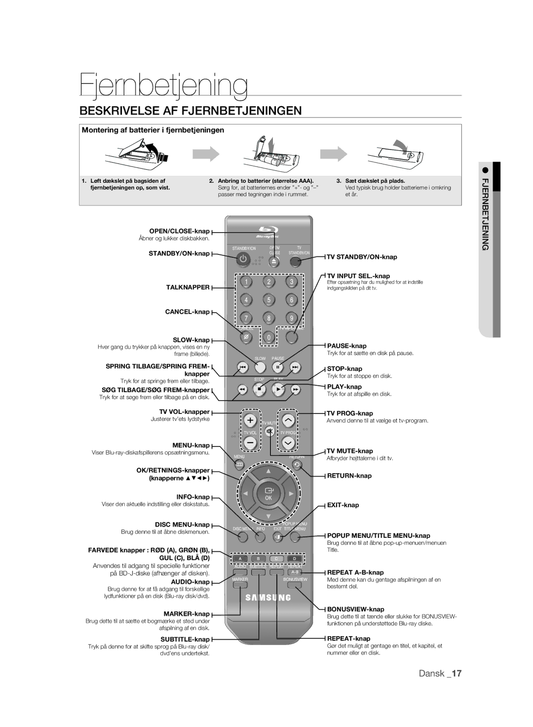 Samsung BD-P2500/XEE manual Beskrivelse AF Fjernbetjeningen 