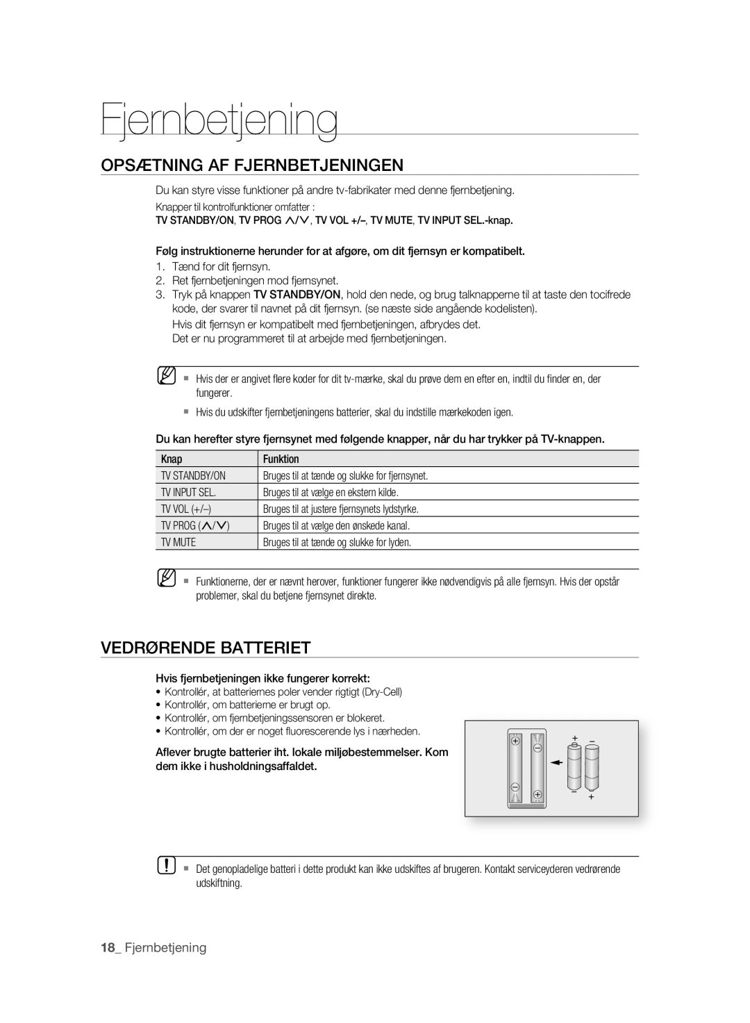 Samsung BD-P2500/XEE manual Opsætning AF Fjernbetjeningen, Vedrørende Batteriet 