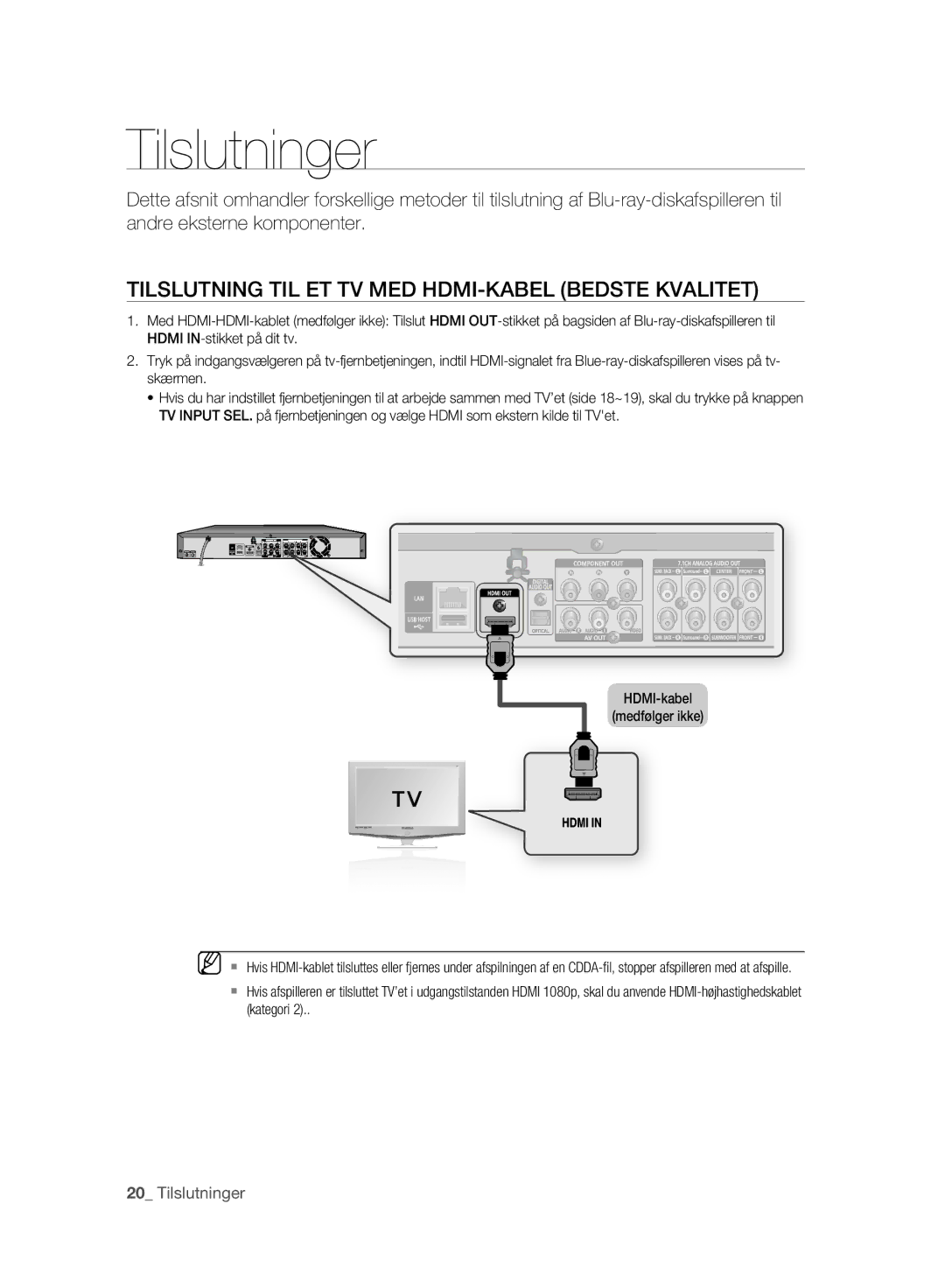 Samsung BD-P2500/XEE manual Tilslutninger, Tilslutning TIL ET TV MED HDMI-KABEL Bedste Kvalitet, HDMI-kabel Medfølger ikke 