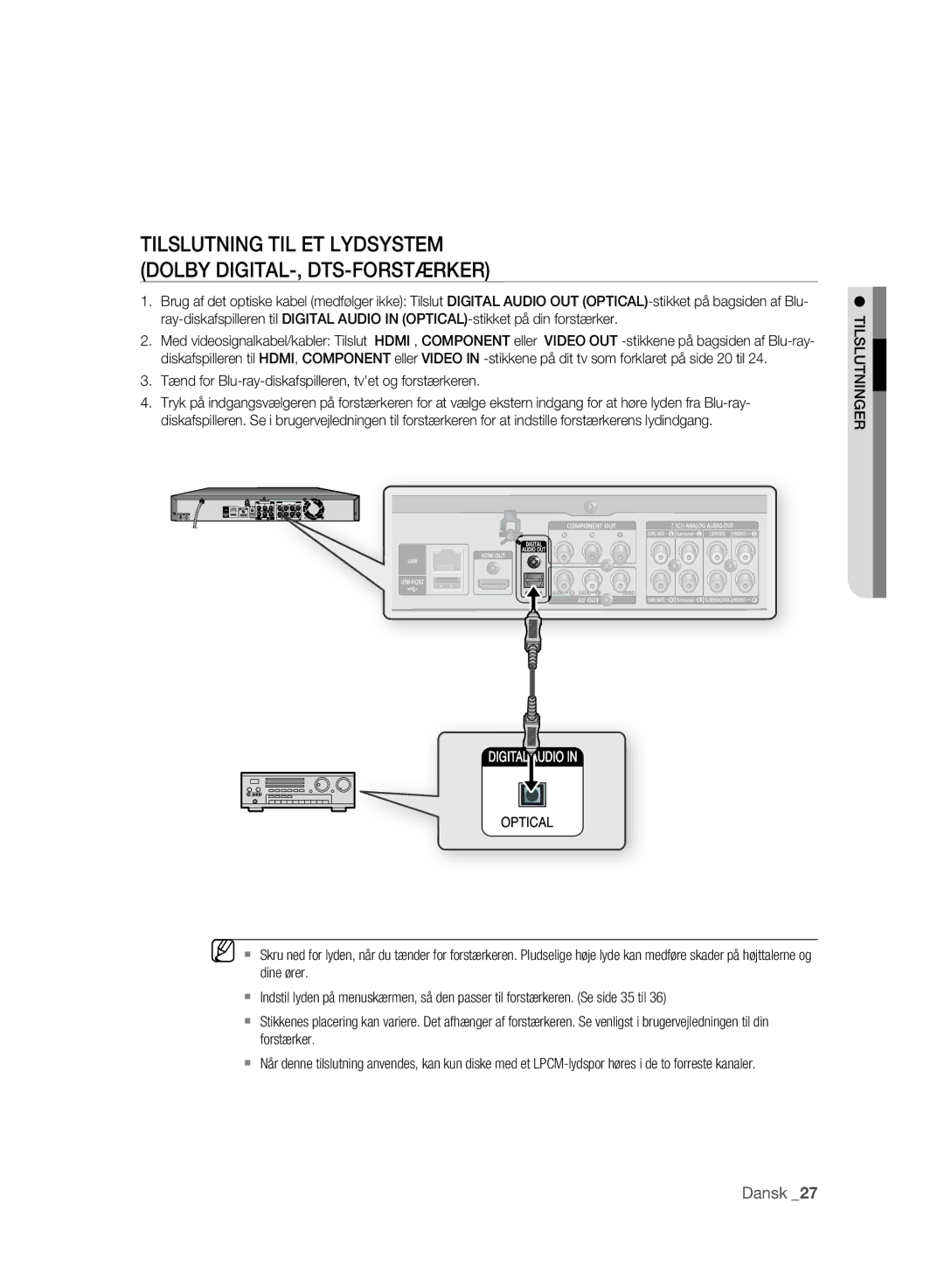 Samsung BD-P2500/XEE manual Tilslutning TIL ET Lydsystem Dolby DIGITAL-, DTS-FORSTÆRKER 