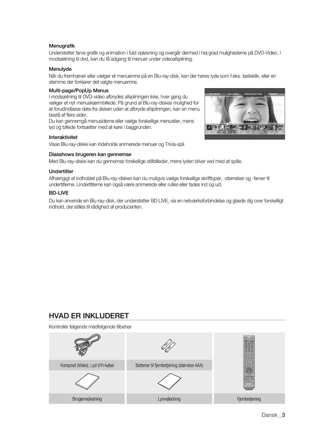 Samsung BD-P2500/XEE manual Hvad ER Inkluderet, Bd-Live, Kontrollér følgende medfølgende tilbehør 