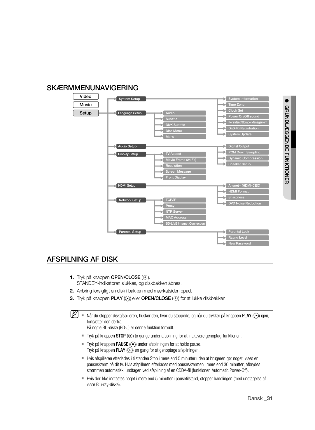 Samsung BD-P2500/XEE manual Skærmmenunavigering, Afspilning AF Disk, Grundlæggende Funktioner 