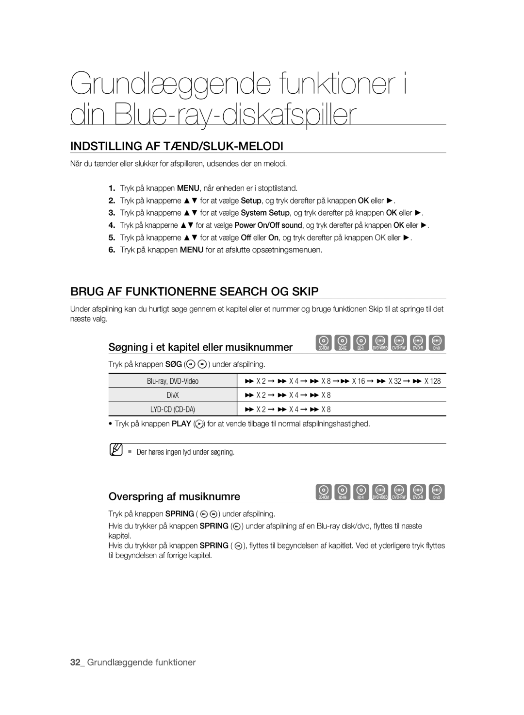 Samsung BD-P2500/XEE manual Indstilling AF TÆND/SLUK-MELODI, Brug AF Funktionerne Search OG Skip, Overspring af musiknumre 