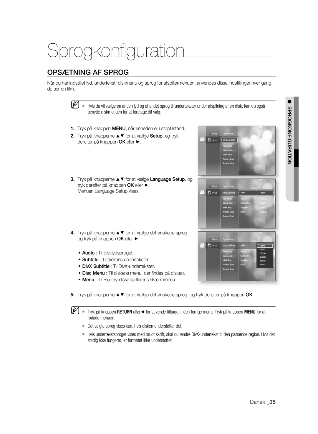 Samsung BD-P2500/XEE manual Sprogkonﬁ guration, Opsætning AF Sprog, Sprogkonfiguration 