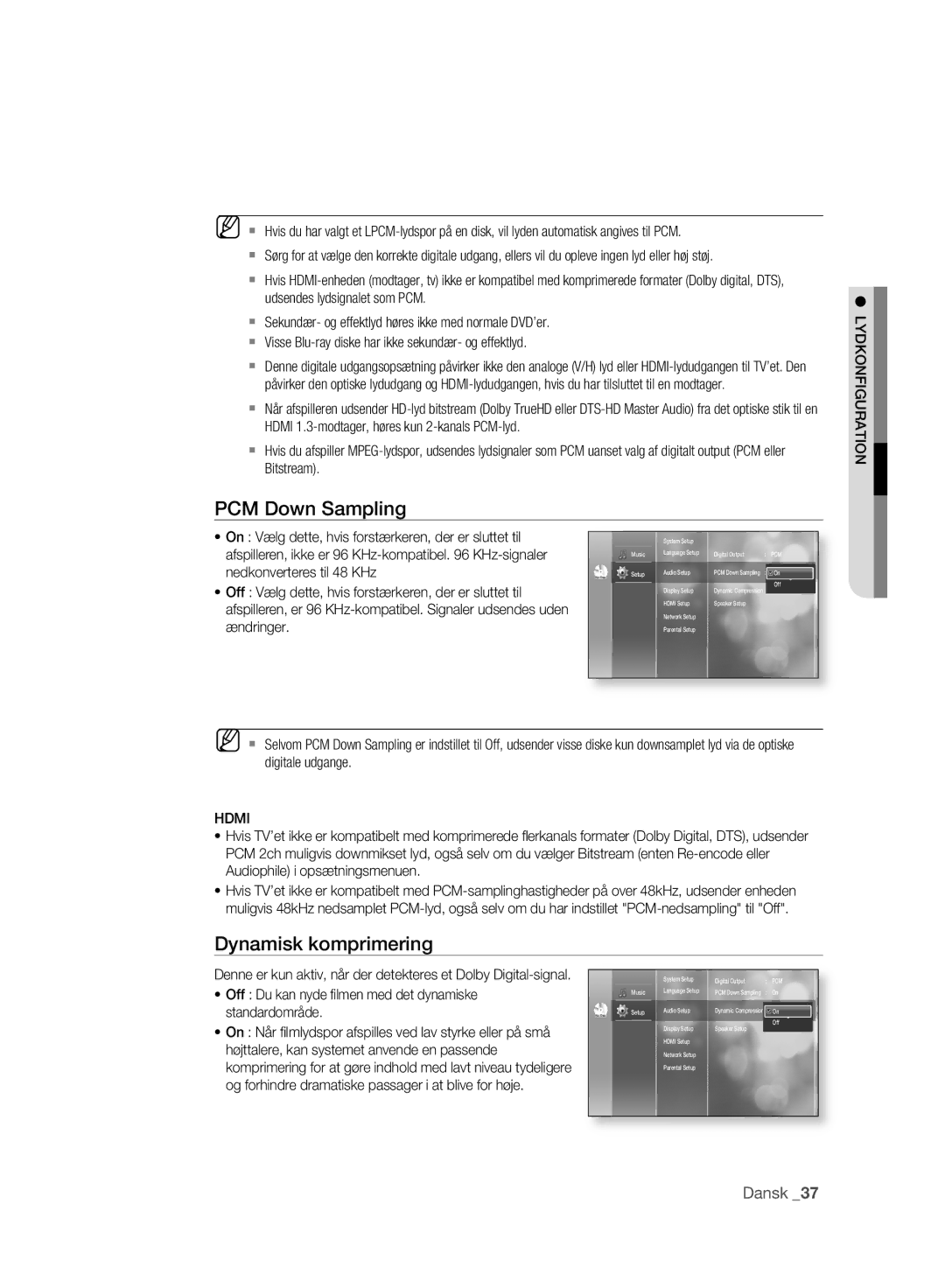 Samsung BD-P2500/XEE manual PCM Down Sampling, Dynamisk komprimering, Lydkonfiguration, Hdmi 