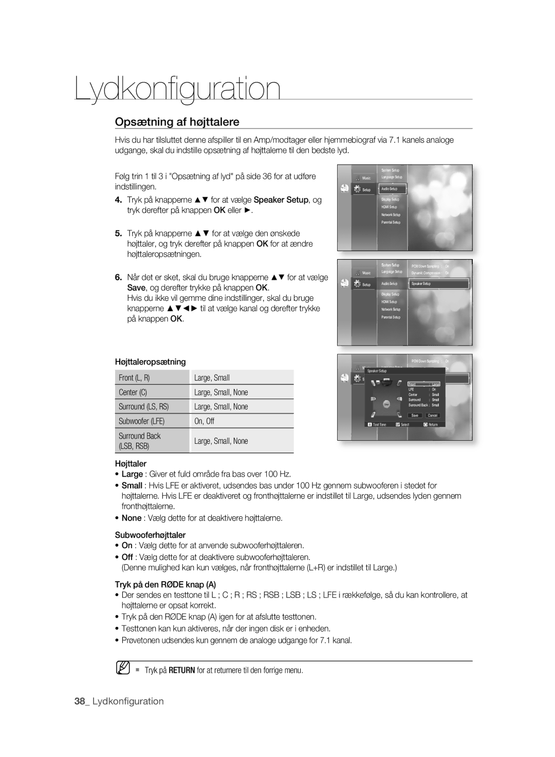 Samsung BD-P2500/XEE manual Opsætning af højttalere, Lsb, Rsb 