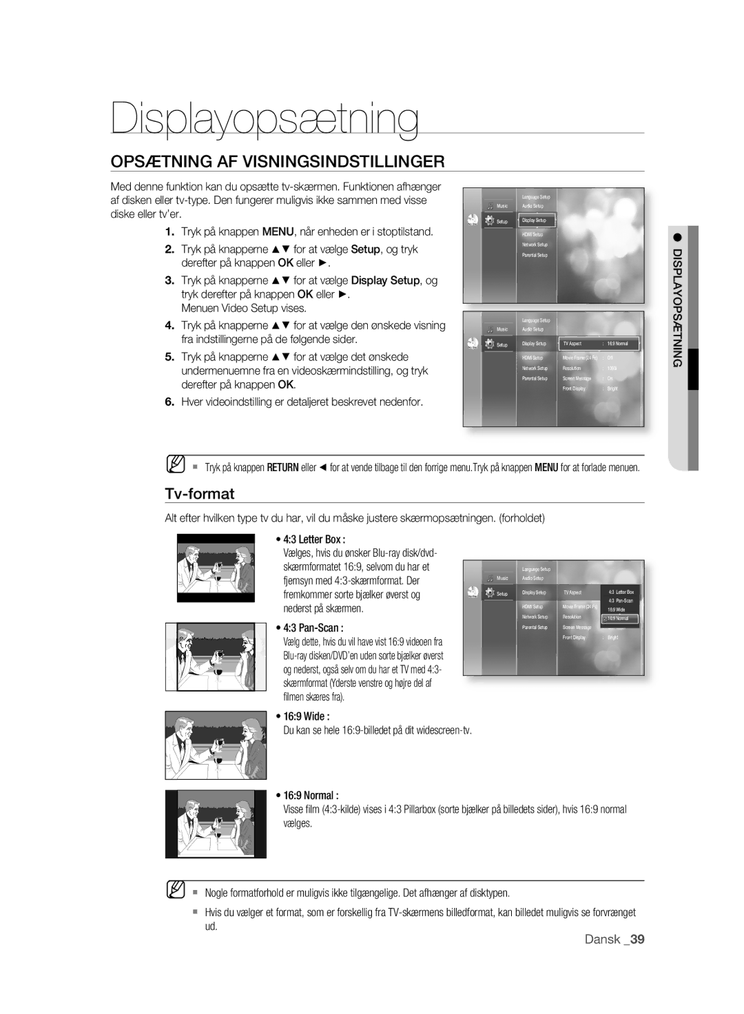 Samsung BD-P2500/XEE manual Displayopsætning, Opsætning AF Visningsindstillinger, Tv-format 