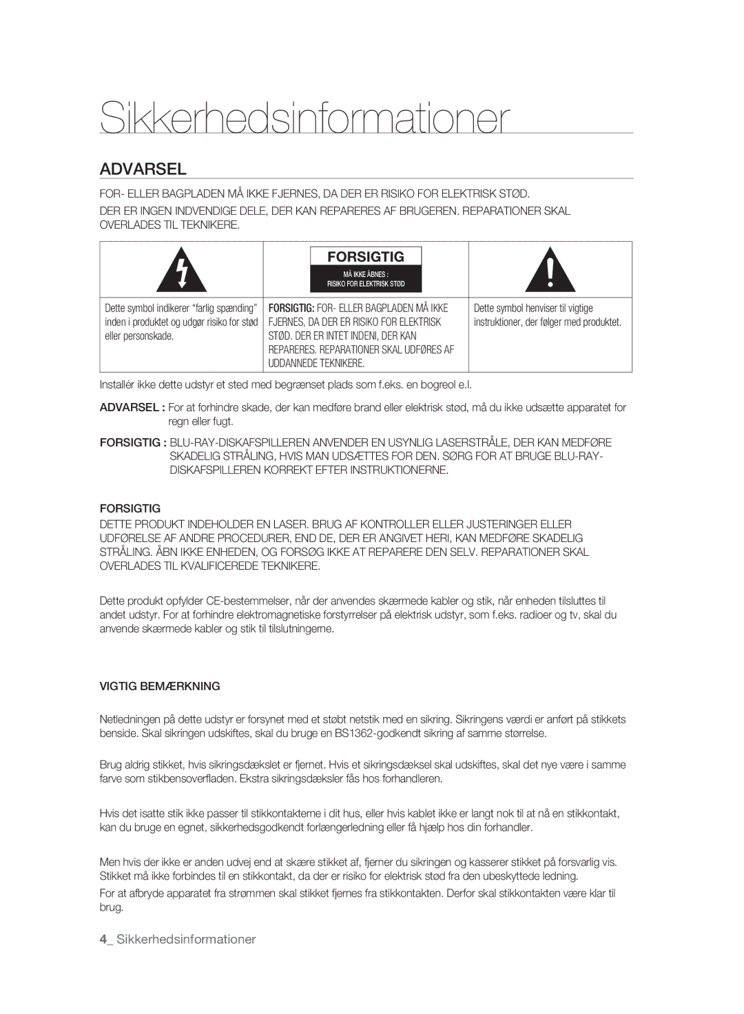 Samsung BD-P2500/XEE manual Sikkerhedsinformationer, Uddannede Teknikere, Forsigtig, Vigtig Bemærkning 