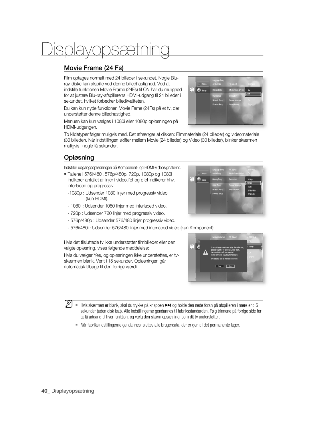 Samsung BD-P2500/XEE manual Opløsning, Displayopsætning 