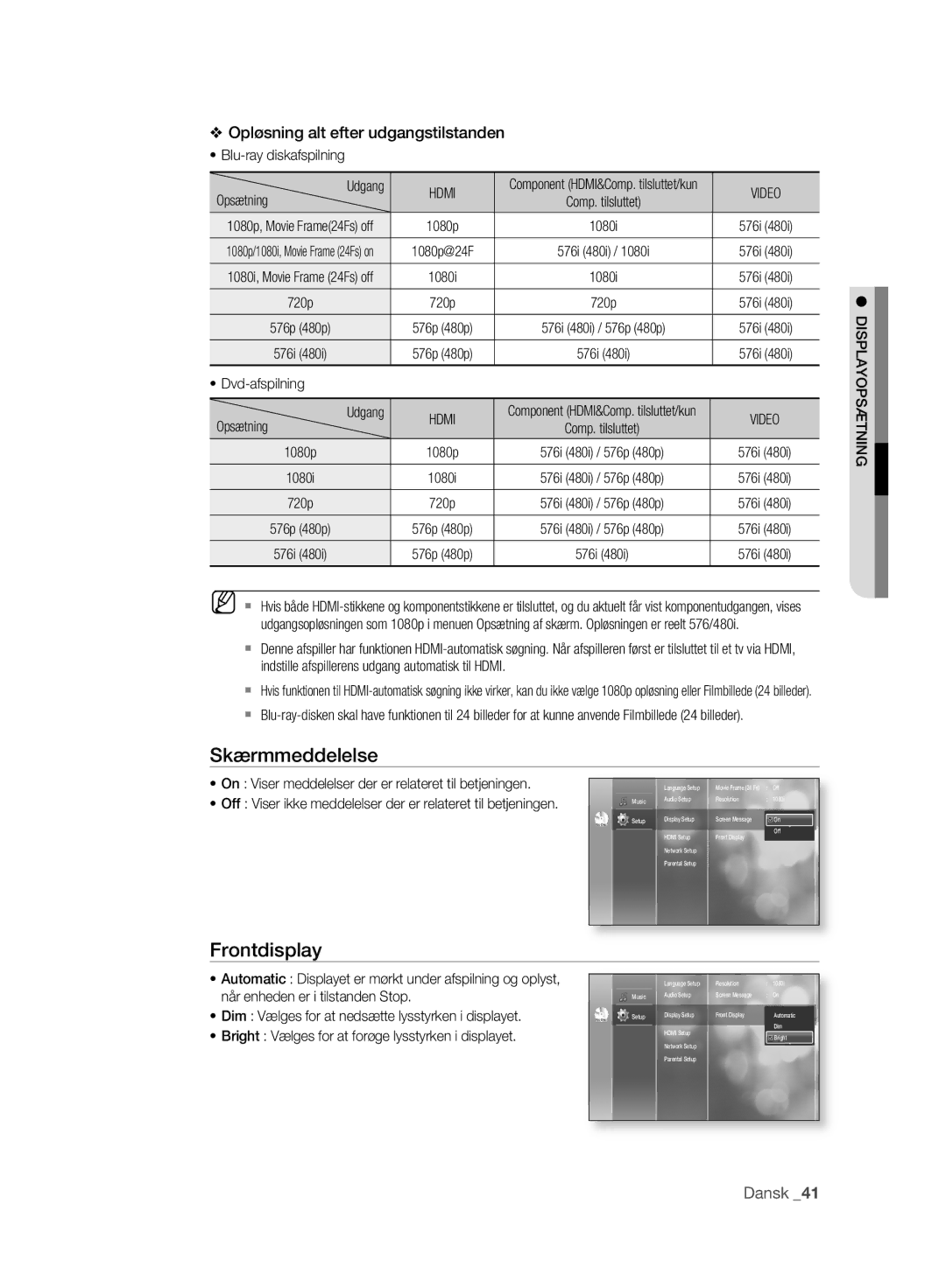 Samsung BD-P2500/XEE manual Skærmmeddelelse, Frontdisplay, Video, Displayopsætning 