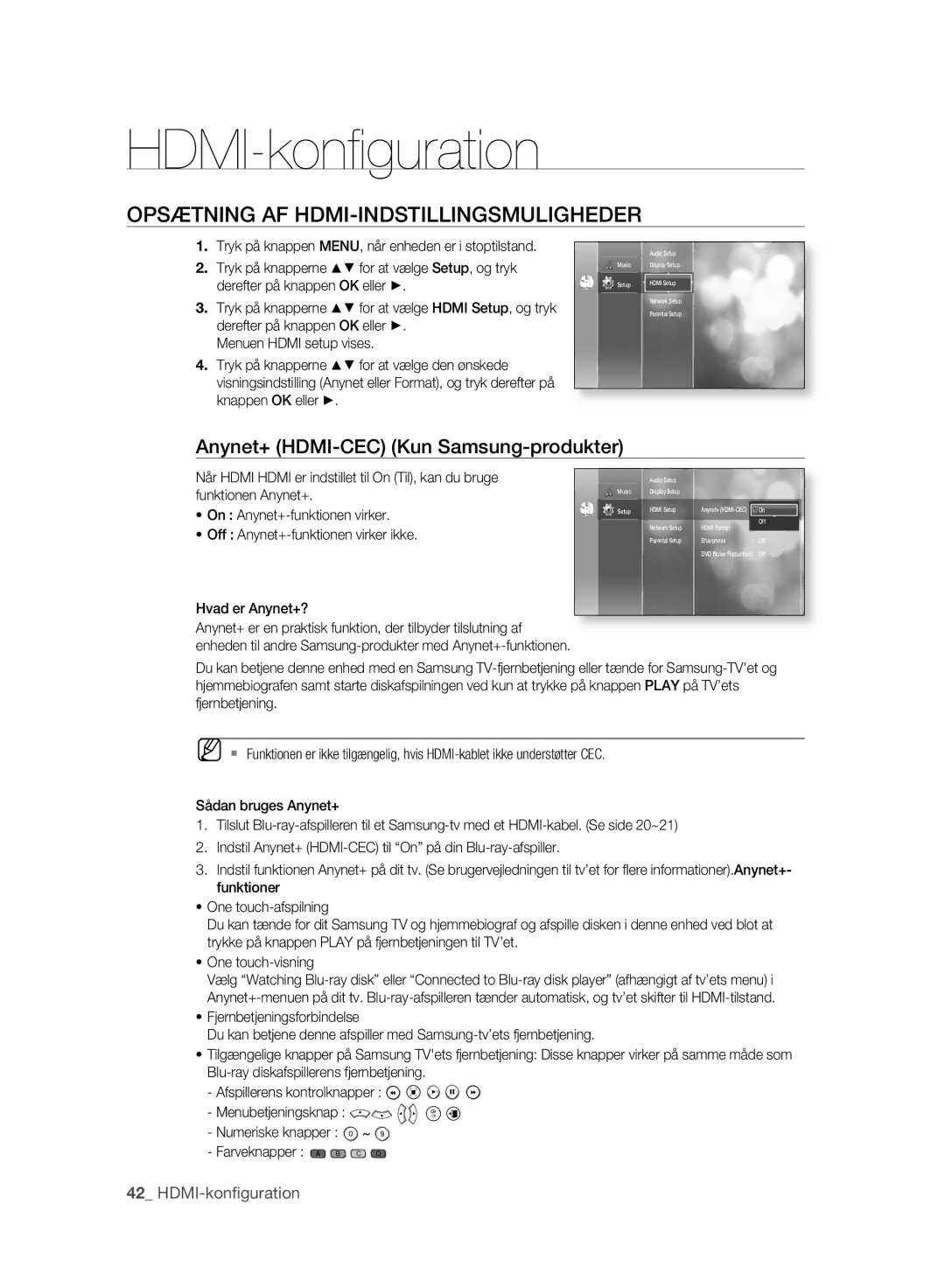 Samsung BD-P2500/XEE HDMI-konﬁ guration, Opsætning AF HDMI-INDSTILLINGSMULIGHEDER, Anynet+ HDMI-CEC Kun Samsung-produkter 