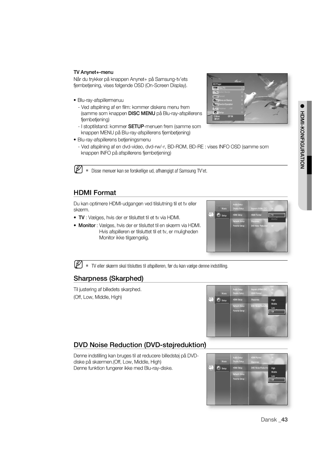 Samsung BD-P2500/XEE manual Hdmi Format, Sharpness Skarphed, DVD Noise Reduction DVD-støjreduktion, Konfiguration 